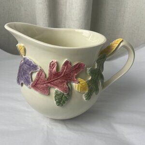 Vintage Ceramic Pitcher with Hand Painted Applied Leaves